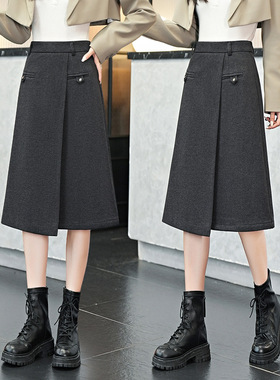 卡其色毛呢半身裙女秋冬季年字中长款气质不规则包臀裙A1K1051-1
