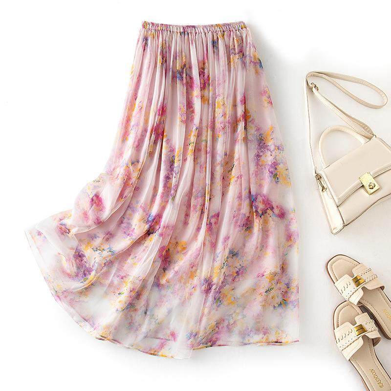 粉色碎花半身裙女真丝花色今年流行薄款桑蚕丝沙滩裙85110