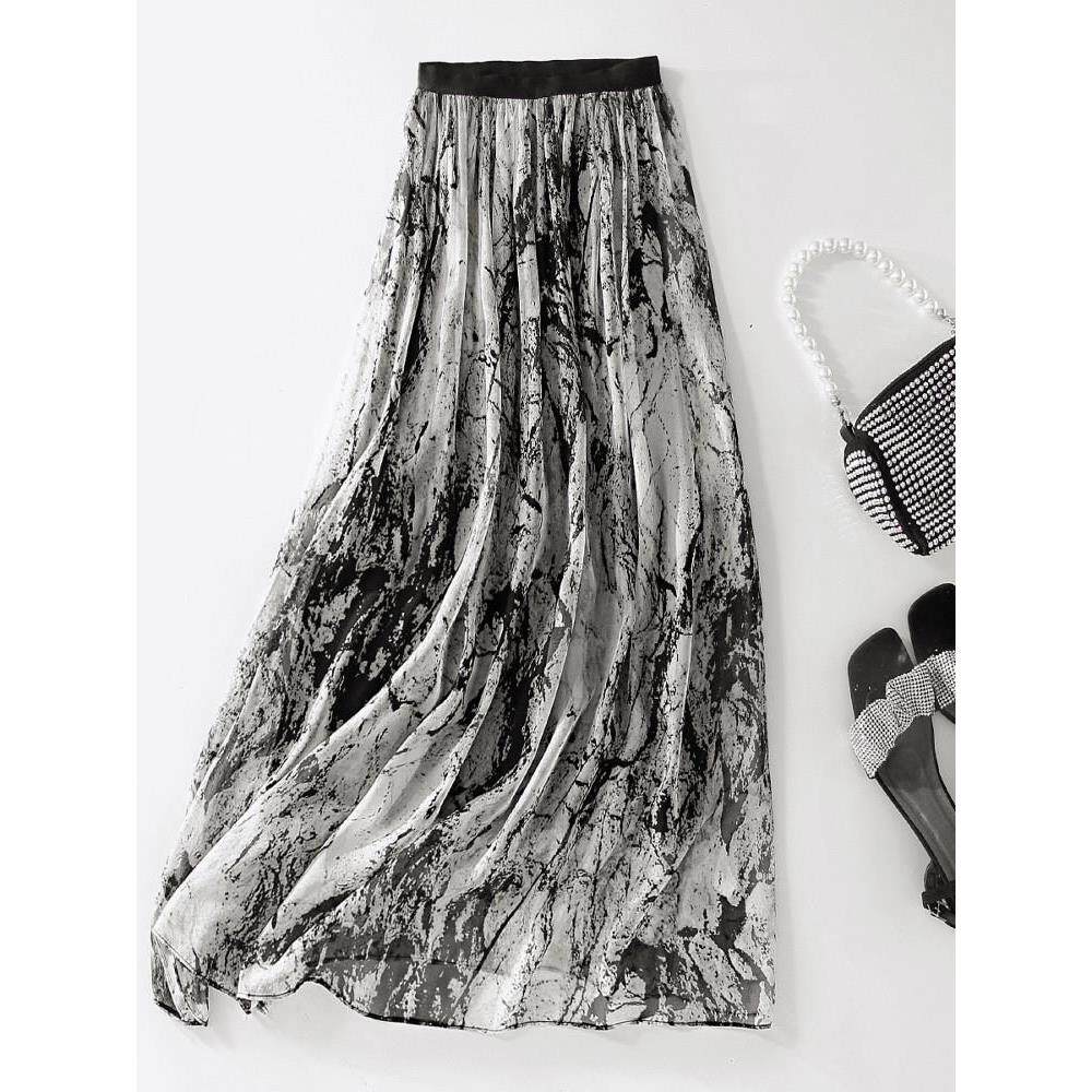 女士桑蚕丝复古水墨印花半身裙长款2026夏季新款顺垂大摆仙女裙子