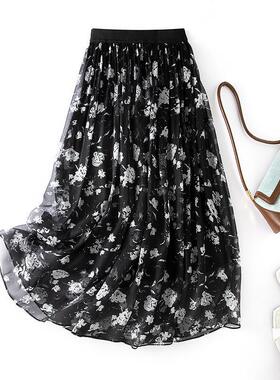真丝半身裙女春夏高腰显瘦a字垂感长裙桑蚕丝印花黑色大摆裙85075