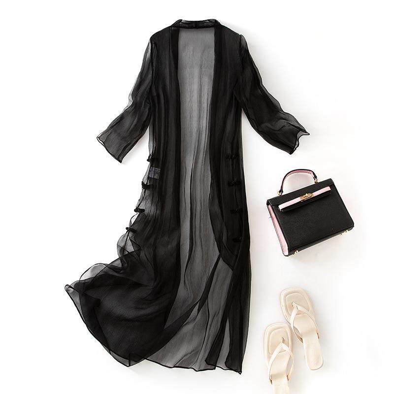 真丝防晒衫女中长款夏季薄款长风衣桑蚕丝飘逸披肩外套潮85048