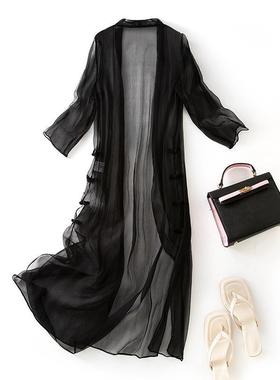 真丝防晒衫女中长款夏季薄款长风衣桑蚕丝飘逸披肩外套潮85048