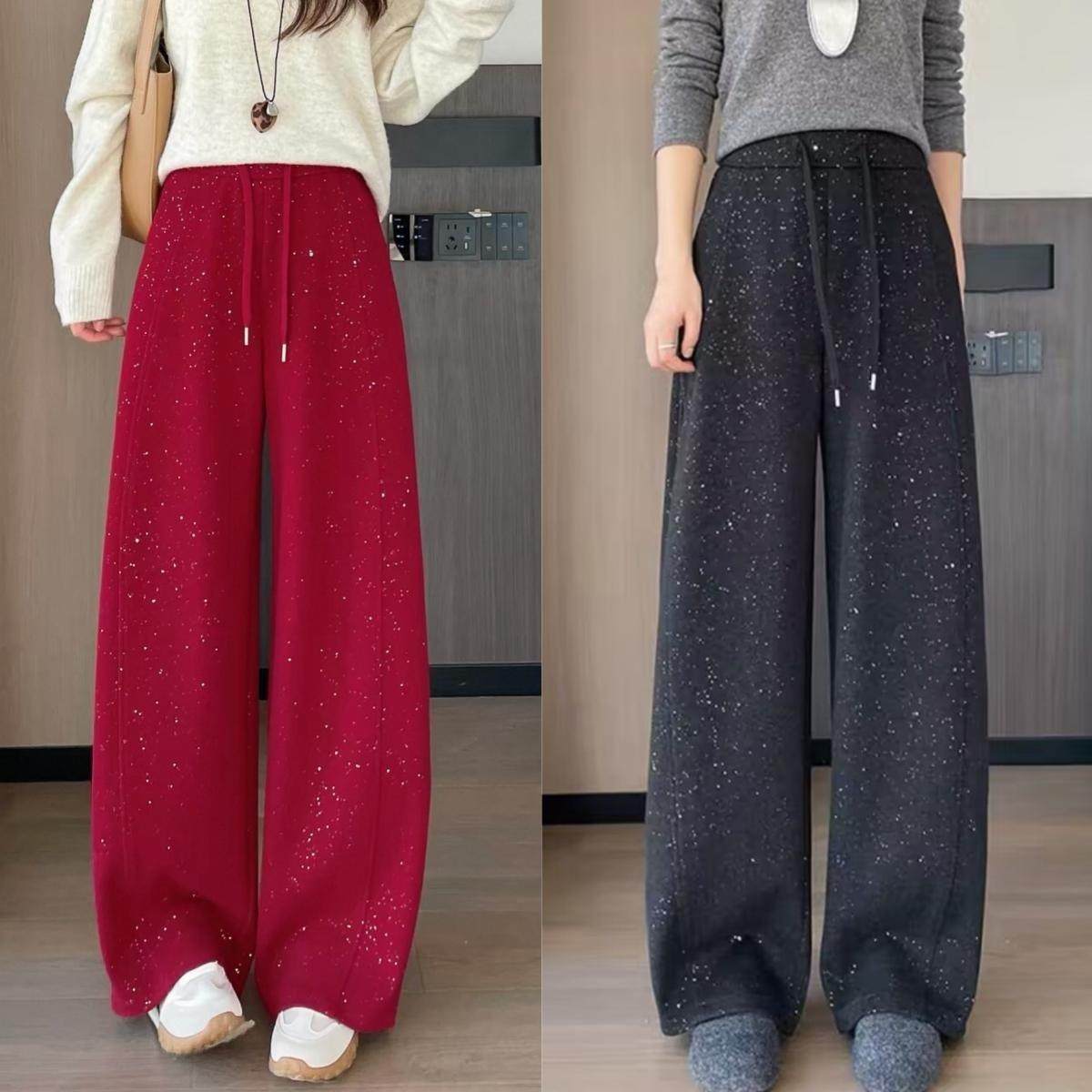 中国红烫钻加绒弯刀裤女2026秋冬季高腰休闲镰刀裤直筒百搭阔腿裤,女装/女士精品,休闲裤,淘宝优惠券,粉丝福利购,淘宝优惠卷