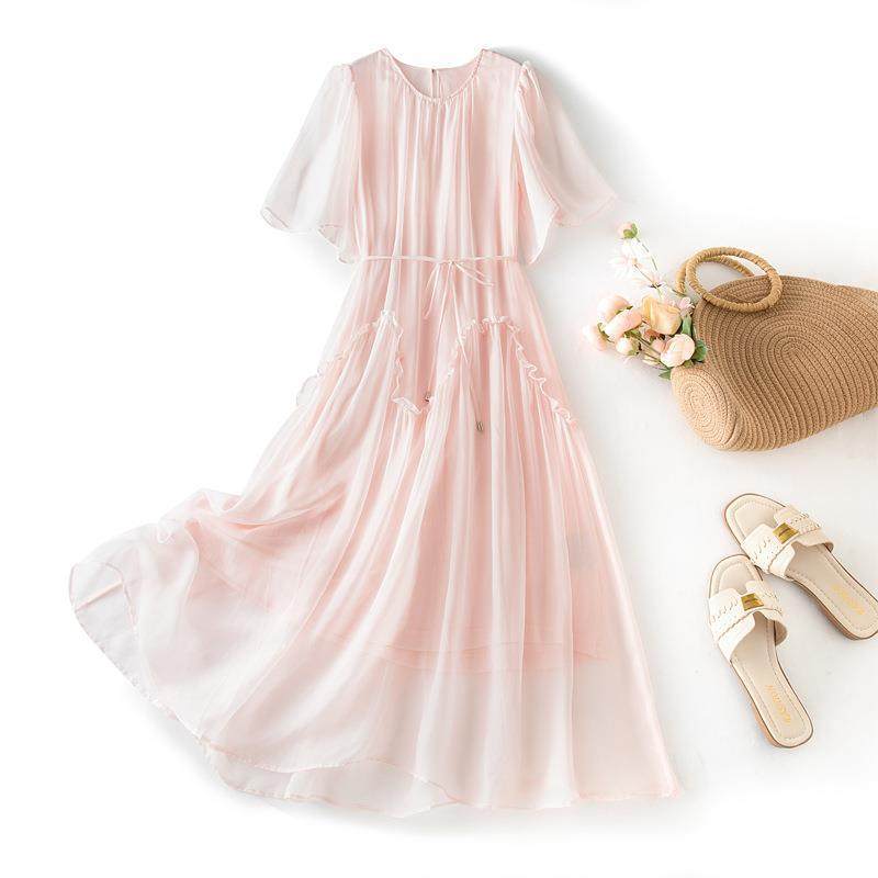 短袖洋气连衣裙时尚夏季新款系带收腰显瘦真丝裙子8512,女装/女士精品,连衣裙,淘宝优惠券,粉丝福利购,淘宝优惠卷