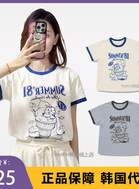 韩国潮牌viaplain短袖女t恤夏2025新款爆款字母小猫纯棉修身上衣