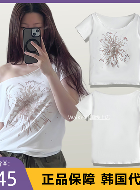 韩国潮牌settle for moon斜领露肩短袖T恤女纯棉夏季新款印花上衣