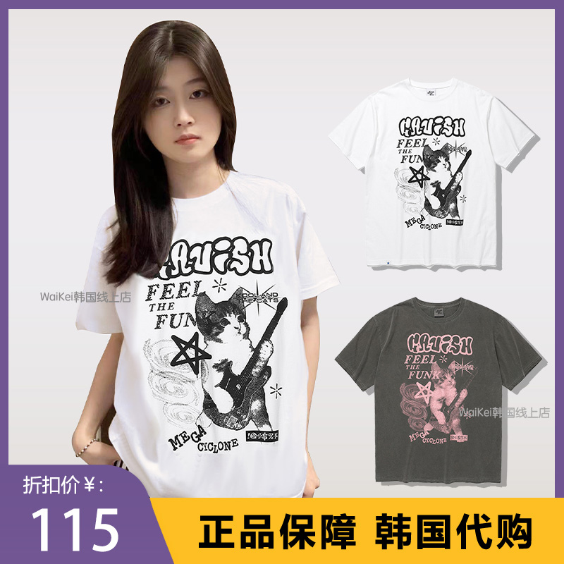 韩国潮牌cavish短袖女t恤夏新款猫咪吉他宽松纯棉男女情侣上衣