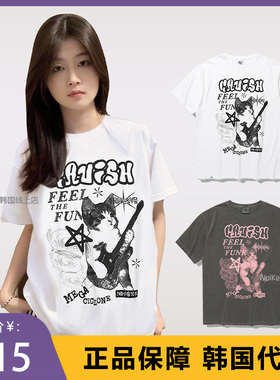 韩国潮牌cavish短袖女t恤夏新款猫咪吉他宽松纯棉男女情侣上衣