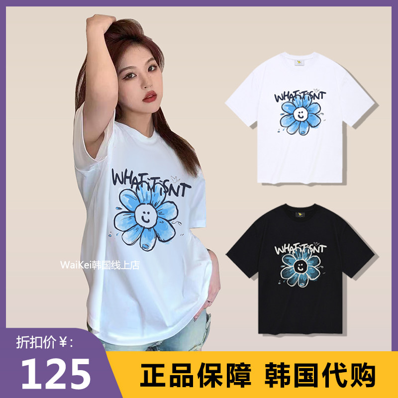 韩国潮牌whatitisnt小飞人短袖T恤上衣女夏款圆领纯棉宽松男女