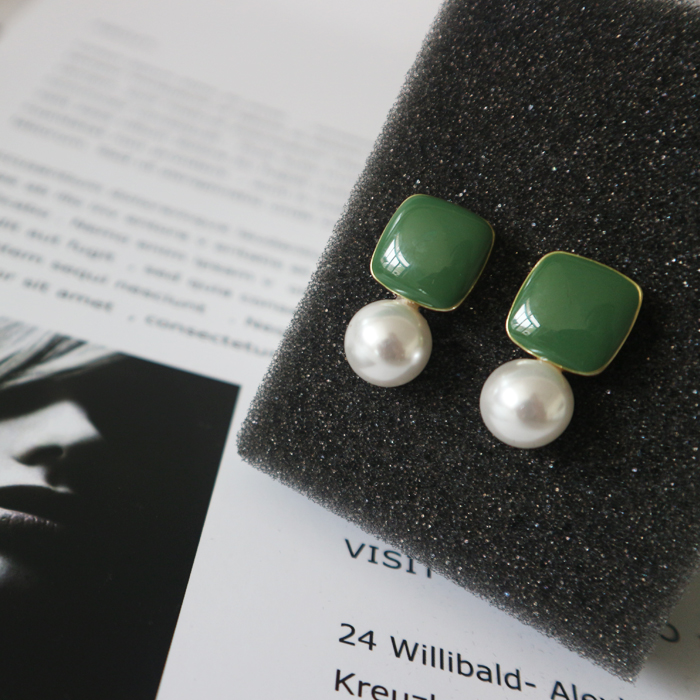 时尚百搭方形952银个性好看新款女耳钉绿色耳环气质简约耳饰ins风