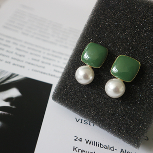 时尚百搭方形952银个性好看新款女耳钉绿色耳环气质简约耳饰ins风