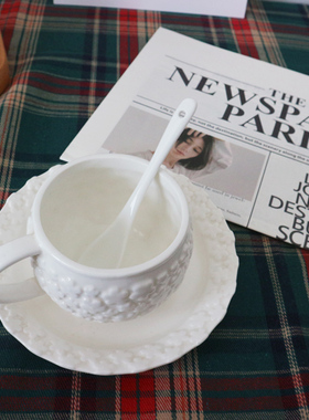 欧美式咖啡杯碟套送勺白色花朵浮雕230ML田园复古ins风简约杯子