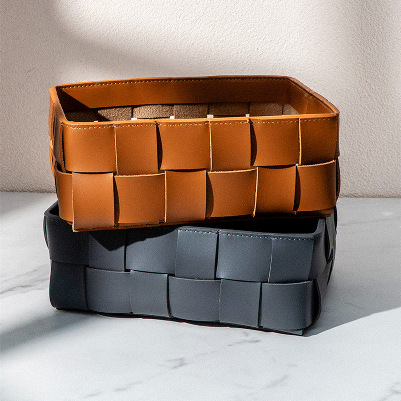 高档桌面手工收纳筐入户玄关钥匙化妆品收纳盒双层编织杂物收纳篮