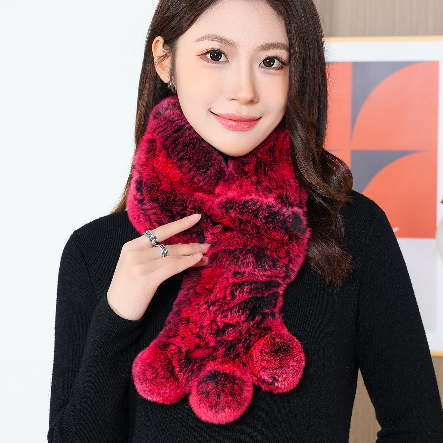 韩国新款獭兔毛围巾皮草围脖双面编织女士冬季保暖围巾可爱球球潮