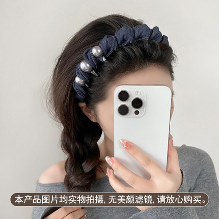 唯品会同款韩系牛仔时尚发箍珍珠压发卡带齿碎发卡女增高颅顶头箍