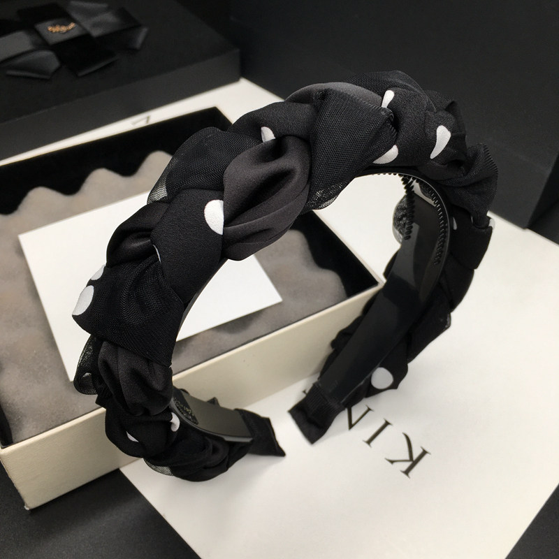 麻花辫发箍波点布艺头箍日韩发卡带齿发窟高颅顶头窟头饰黑色减龄