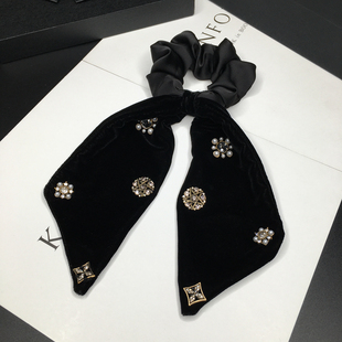 丝绒发圈飘带发绳黑色复古气质镶钻头绳金丝绒蝴蝶结扎马尾头花女