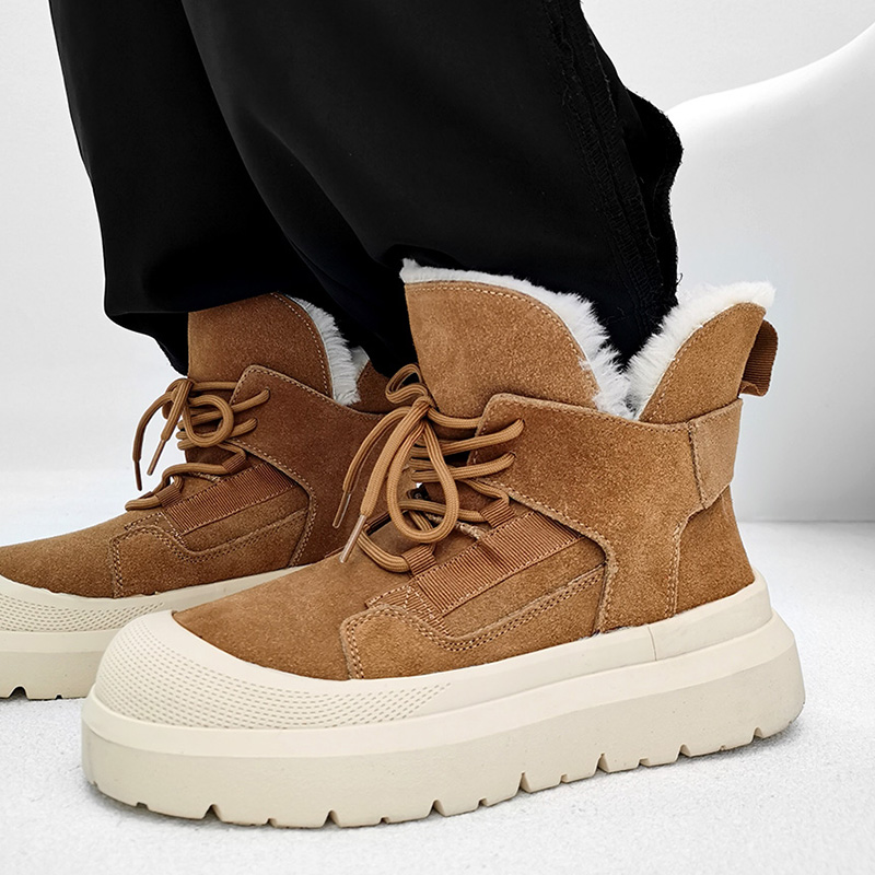 冬季加绒加厚皮毛一体雪地靴男潮牌真皮户外保暖棉鞋东北厚底棉靴