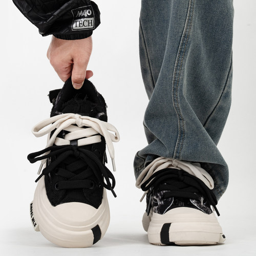 7CM隐形内增高帆布鞋男女情侣款潮牌小众设计双鞋带厚底休闲板鞋