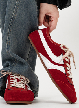 老钱风红色德训鞋男复古反绒皮运动休闲鞋潮薄底DVN赛车阿甘鞋女