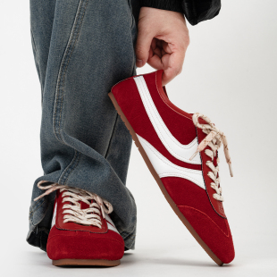 女 潮薄底DVN赛车阿甘鞋 老钱风红色德训鞋 男复古反绒皮运动休闲鞋