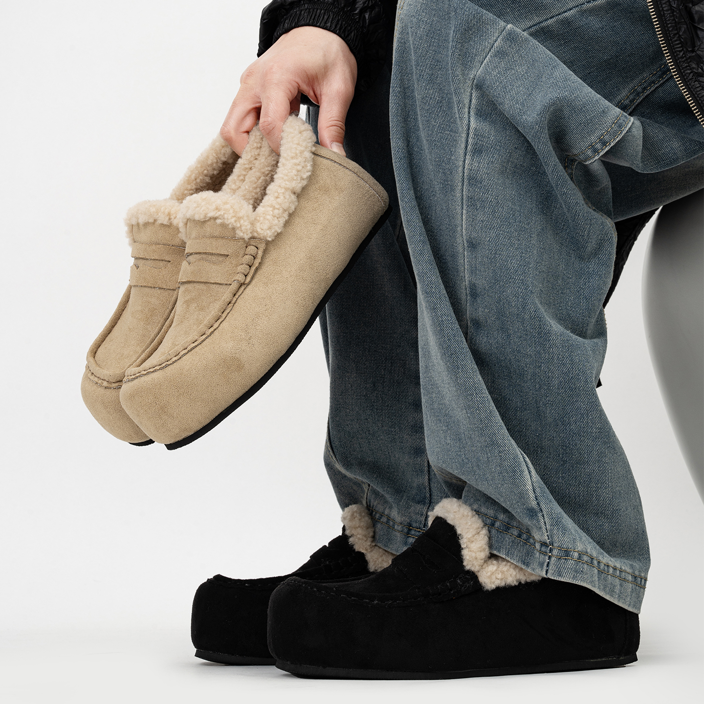 冬季加绒厚底乐福鞋男加厚保暖一脚蹬毛毛棉鞋大头复古勃肯雪地靴