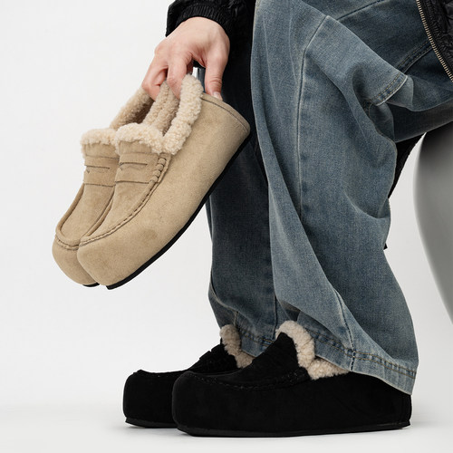 冬季加绒厚底乐福鞋男加厚保暖一脚蹬毛毛棉鞋大头复古勃肯雪地靴