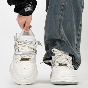 男女情侣休闲面包鞋 白色隐形增高7CM帆布板鞋 小众原创厚底溶解鞋