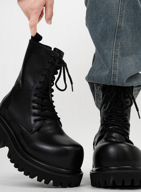 10cm隐形增高cos马丁靴男英伦厚底米奇大头机车靴高帮户外工装靴