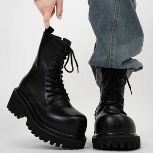 10cm隐形增高cos马丁靴男英伦厚底米奇大头机车靴高帮户外工装靴