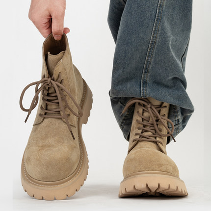 增高7cm大头马丁靴男潮英伦复古高帮翘头米奇德比鞋厚底工装短靴