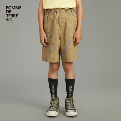 [毛怪]蓬马大童中裤子棉麻混纺印花春夏装男女儿童pomme de terre