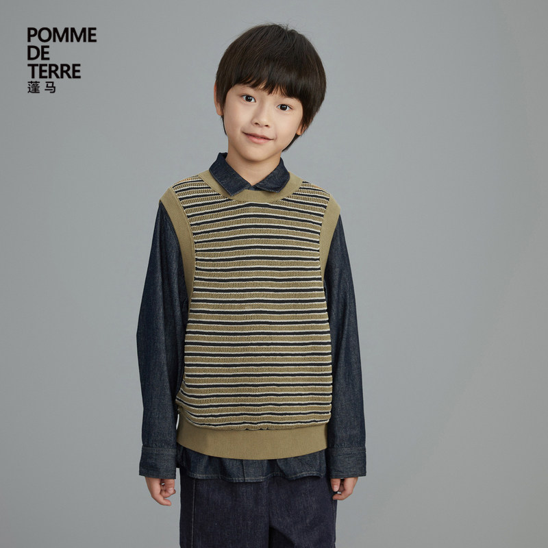 蓬马大童毛衣套头马甲条纹精梳长绒棉春装男女儿童pomme de terre