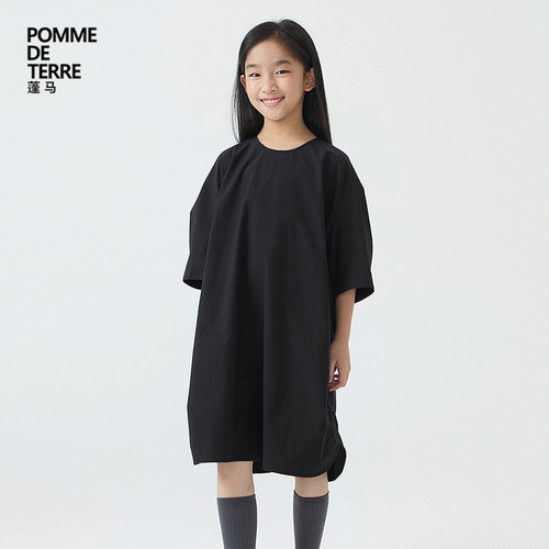 pomme蓬马中袖圆领中长款连衣裙