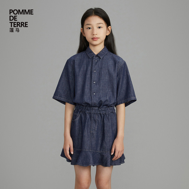 蓬马大童牛仔连衣裙短袖荷叶边棉质春夏装女儿童pomme de terre