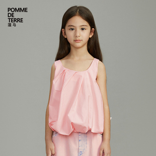 蓬马大童衬衫无袖纯色灯笼型棉质舒适春夏装女儿童pomme de terre