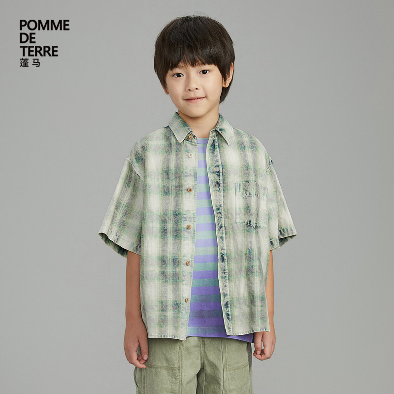 蓬马大童衬衫短袖复古格纹棉麻混纺春夏装男女儿童pomme de terre