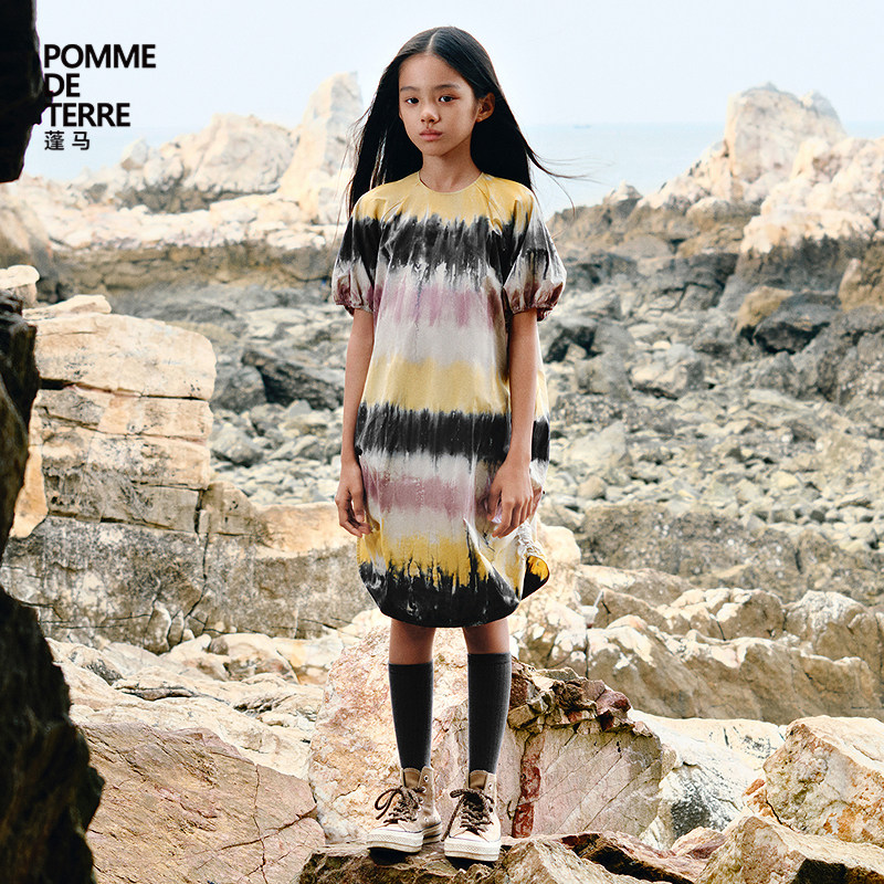 蓬马大童连衣裙短袖扎染棉质灯笼袖春夏装女儿童pomme de terre