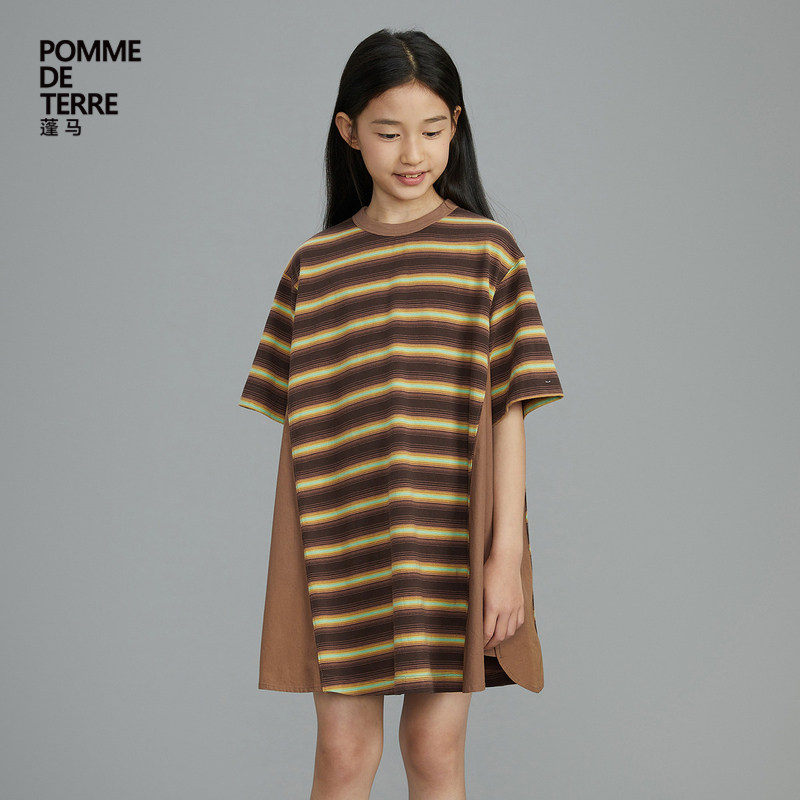 蓬马大童连衣裙短袖条纹A版拼接棉质春夏装女儿童pomme de terre