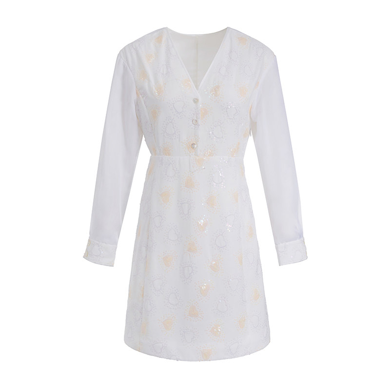 xense you原创设计白色珠片v领长袖连衣裙女高腰雪纺拼接欧根纱裙