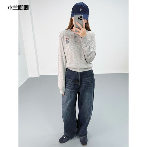 木兰唧唧 早春新款polo领羊毛薄款套头衫小熊宽松翻领卫衣毛衣女