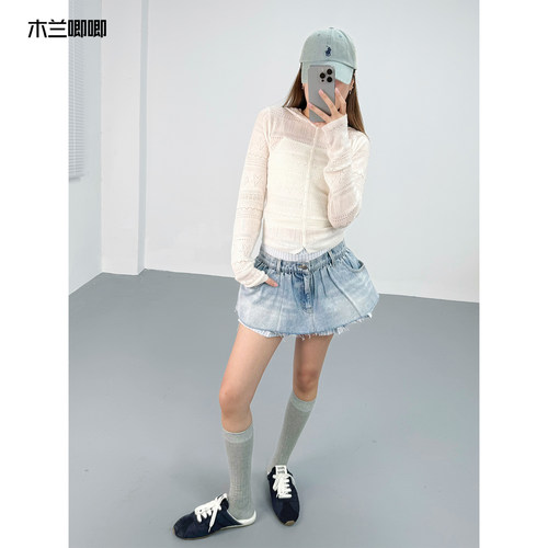 木兰唧唧早春新款100%绵羊毛连帽钩花毛衣开衫女亲肤薄款针织上衣