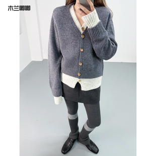 木兰唧唧 25冬新假两件花纱100绵羊毛女毛衣外套V领显瘦针织开衫