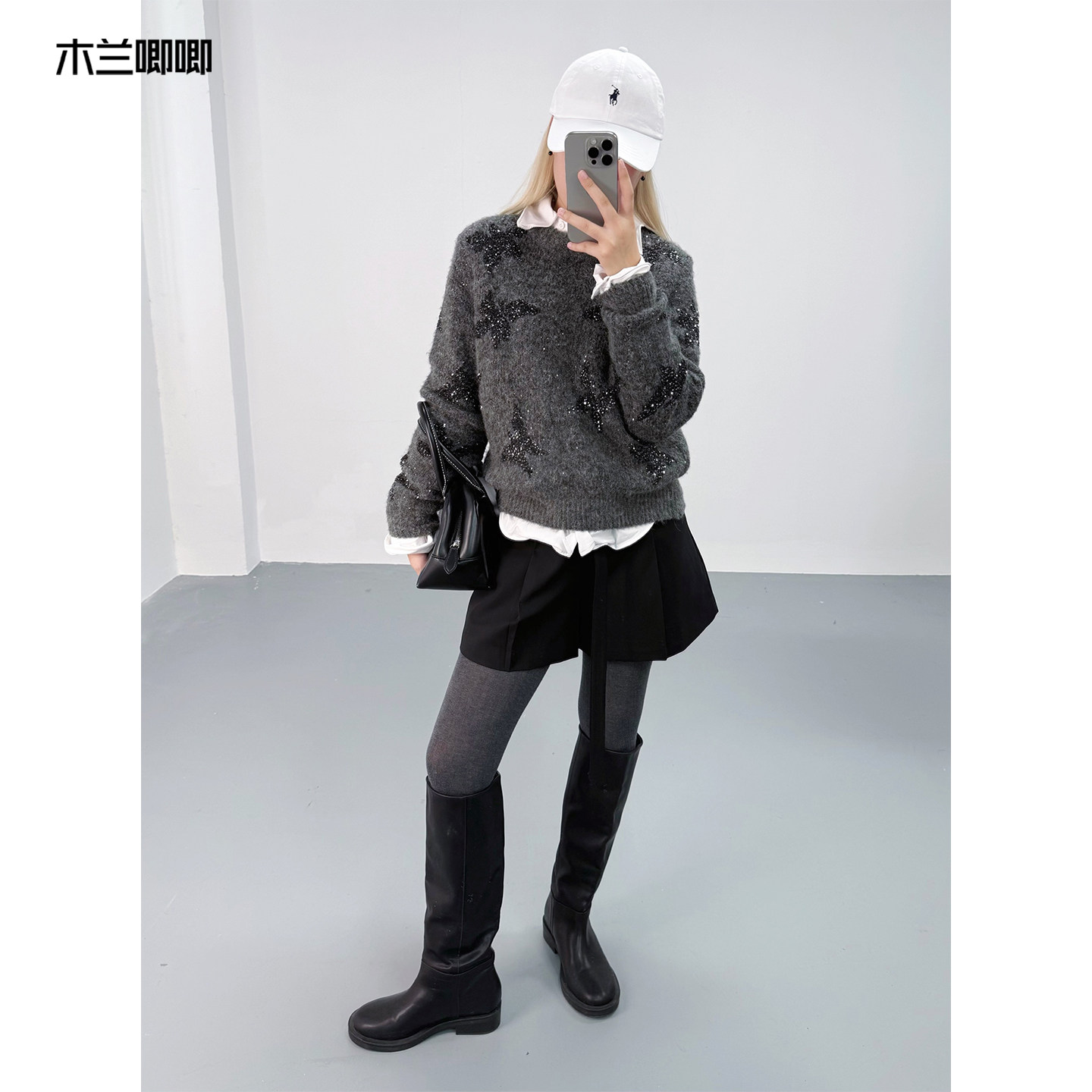 木兰唧唧25秋冬灰色五角星亮片毛针织衫