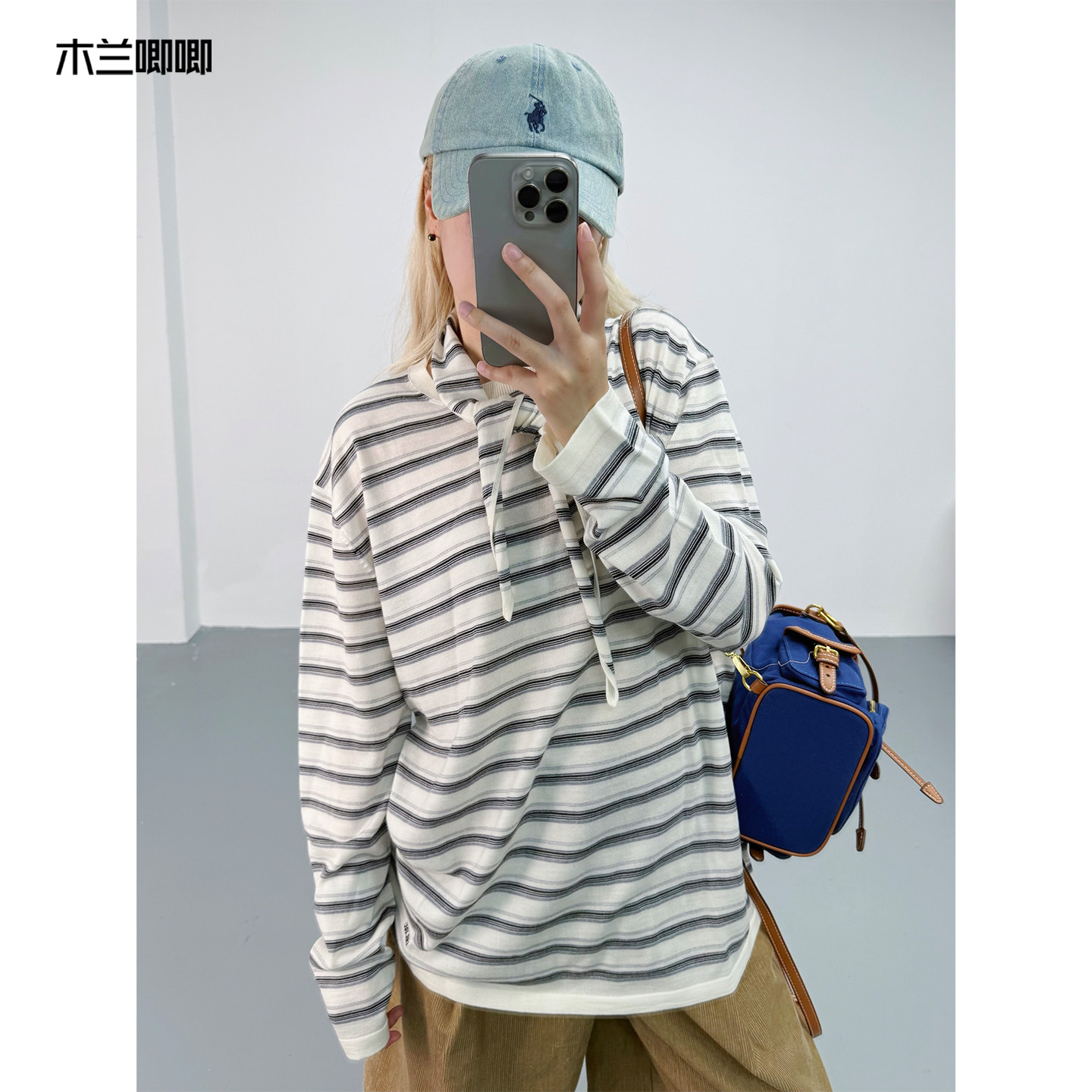 超细纯羊毛条纹圆领针织衫长袖T恤小方巾复古宽松2件套毛衣上衣女