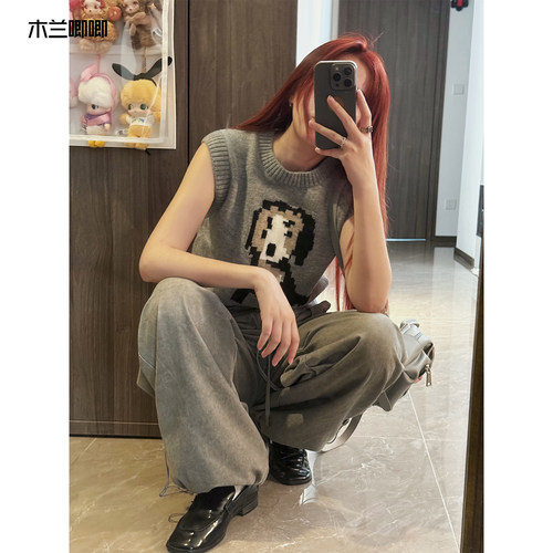 木兰唧唧 26新款趣味提花宽松毛衣马甲减龄百搭无袖针织背心