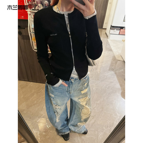 木兰唧唧 圆领黑色酷帅感女秋冬外套双开拉链短款针织开衫上衣