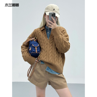 木兰唧唧 法式大V领棒针毛衣女高克重纯羊毛保暖百搭长袖针织上衣