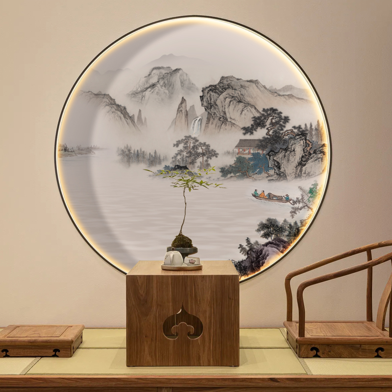 新中式背景墙壁纸圆形画芯3d装饰画入户玄关山水画禅意茶室水墨画图片