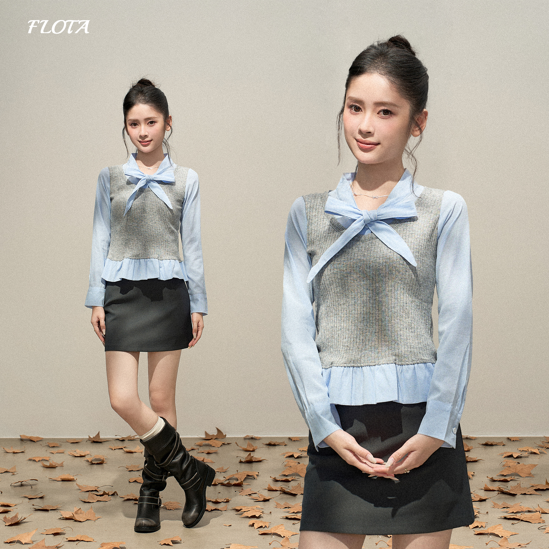 韩系穿搭假两件条纹衬衫拼接针织长袖设计感小众荷叶边短款上衣女